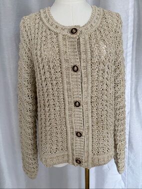 Cream and Sparkly gold Open-Knit Button Front Women’s Sweater Cardigan